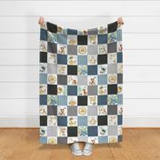 Woodland Adventures Patchwork Quilt Top (blueberry, grays, stonewash) Kids Woodland Blanket Fabric, Deer Fox Hedgehog Moose, design D