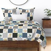 Woodland Adventures Patchwork Quilt Top (blueberry, grays, stonewash) Kids Woodland Blanket Fabric, Deer Fox Hedgehog Moose, design D