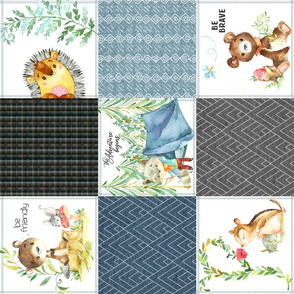 Woodland Adventures Patchwork Quilt Top (blueberry, grays, stonewash) Kids Woodland Blanket Fabric, ROTATED design D