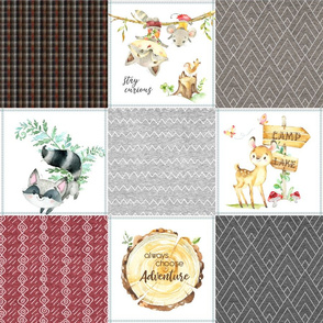 Woodland Adventures Patchwork Quilt Top (red, grays, putty brown) Kids Woodland Blanket Fabric, Deer Fox Hedgehog Moose, design E