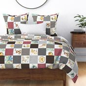 Woodland Adventures Patchwork Quilt Top (red, grays, putty brown) Kids Woodland Blanket Fabric, ROTATED design E