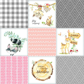 Woodland Adventures Patchwork Quilt Top (pink, peach, grays) Kids Woodland Blanket Fabric, Deer Fox Hedgehog Moose, design F