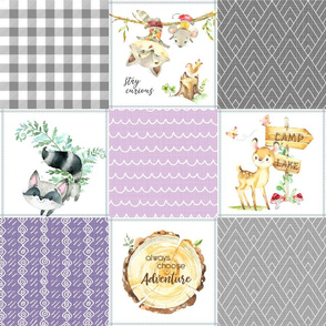 Woodland Adventures Patchwork Quilt Top (wisteria, violet, grays) Kids Woodland Blanket Fabric, Deer Fox Hedgehog Moose, design G