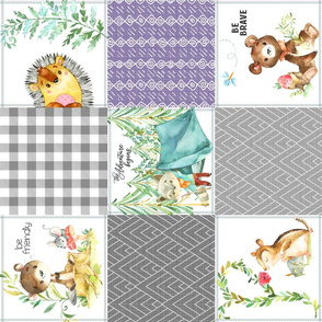 Woodland Adventures Patchwork Quilt Top (wisteria, violet, grays) Kids Woodland Blanket Fabric, Deer Fox Hedgehog Moose, ROTATED design G