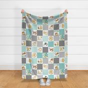 Woodland Adventures Patchwork Quilt Top (lagoon, mint, grays) Kids Woodland Blanket Fabric, Deer Fox Hedgehog Moose, ROTATED design H