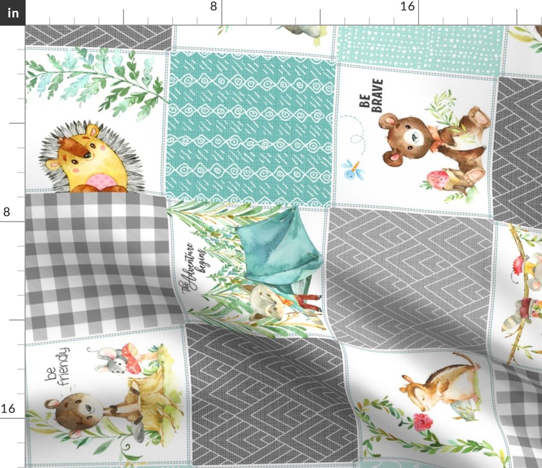 Woodland Adventures Patchwork Quilt Top (lagoon, mint, grays) Kids Woodland Blanket Fabric, Deer Fox Hedgehog Moose, ROTATED design H