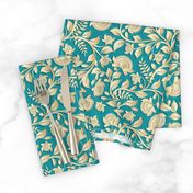 Paper-cut intertwining flower branches on a turquoise background. Golden shades of flowers and leaves , Indian style, kalamkari.