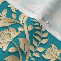 Paper-cut intertwining flower branches on a turquoise background. Golden shades of flowers and leaves , Indian style, kalamkari.