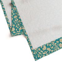 Paper-cut intertwining flower branches on a turquoise background. Golden shades of flowers and leaves , Indian style, kalamkari.