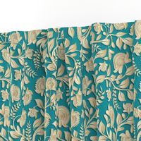 Paper-cut intertwining flower branches on a turquoise background. Golden shades of flowers and leaves , Indian style, kalamkari.