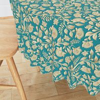 Paper-cut intertwining flower branches on a turquoise background. Golden shades of flowers and leaves , Indian style, kalamkari.