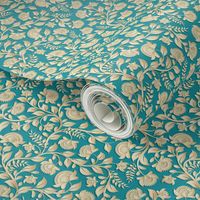 Paper-cut intertwining flower branches on a turquoise background. Golden shades of flowers and leaves , Indian style, kalamkari.