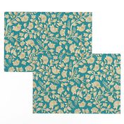 Paper-cut intertwining flower branches on a turquoise background. Golden shades of flowers and leaves , Indian style, kalamkari.