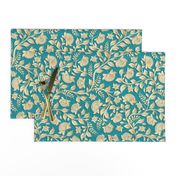 Paper-cut intertwining flower branches on a turquoise background. Golden shades of flowers and leaves , Indian style, kalamkari.