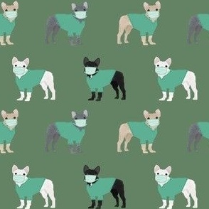 frenchie scrubs fabric - french bulldogs fabric, nurse fabric -  green