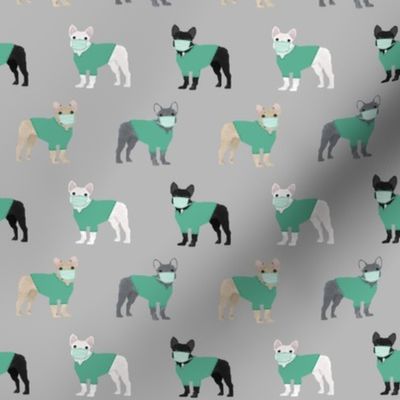 frenchie scrubs fabric - french bulldogs fabric, nurse fabric -  grey