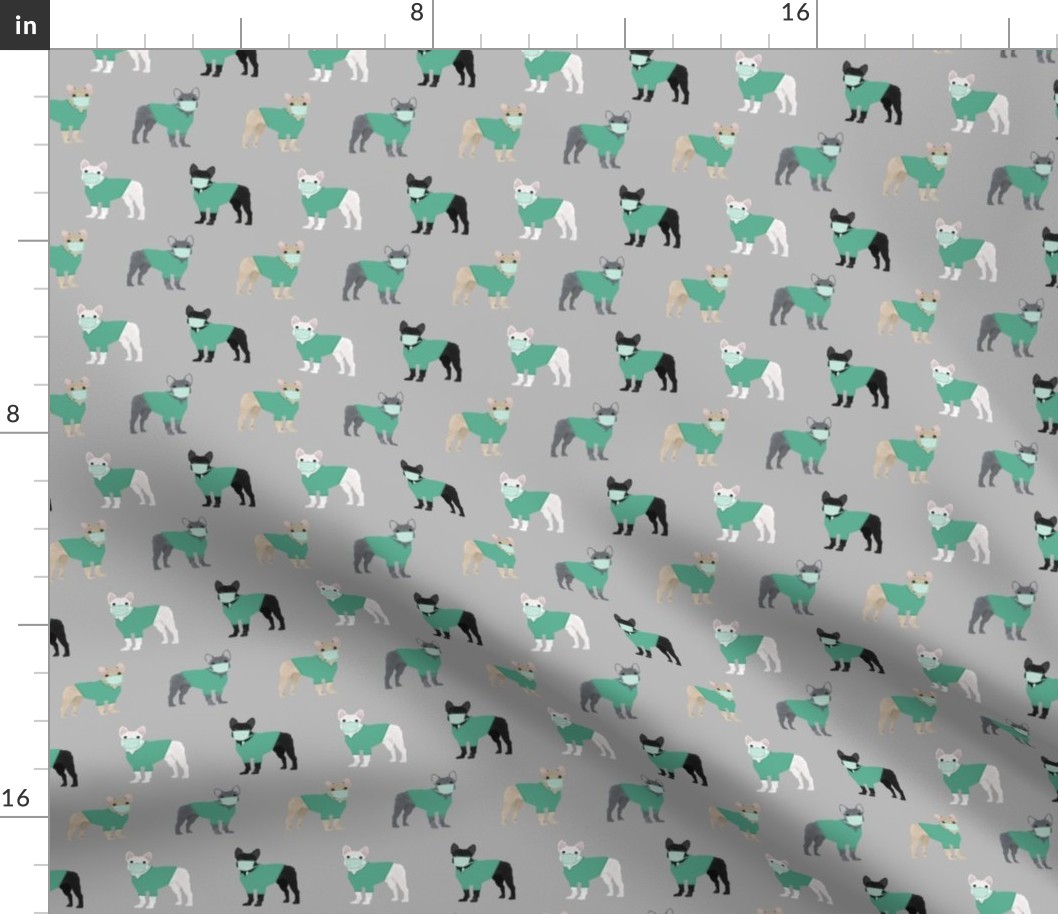 frenchie scrubs fabric - french bulldogs fabric, nurse fabric -  grey