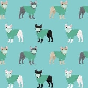 frenchie scrubs fabric - french bulldogs fabric, nurse fabric -  light blue