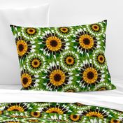 Seamless vector pattern with tie dye style sunflowers. Floral wallpaper design with abstract flowers. Beautiful background with green and yellow paint.