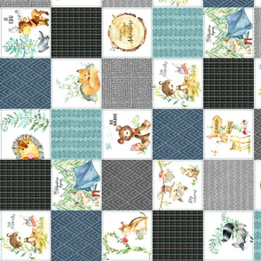 3 1/2" Woodland Adventures Patchwork Quilt Top (blueberry , grays, island blue) Kids Woodland Blanket Fabric, ROTATED design A