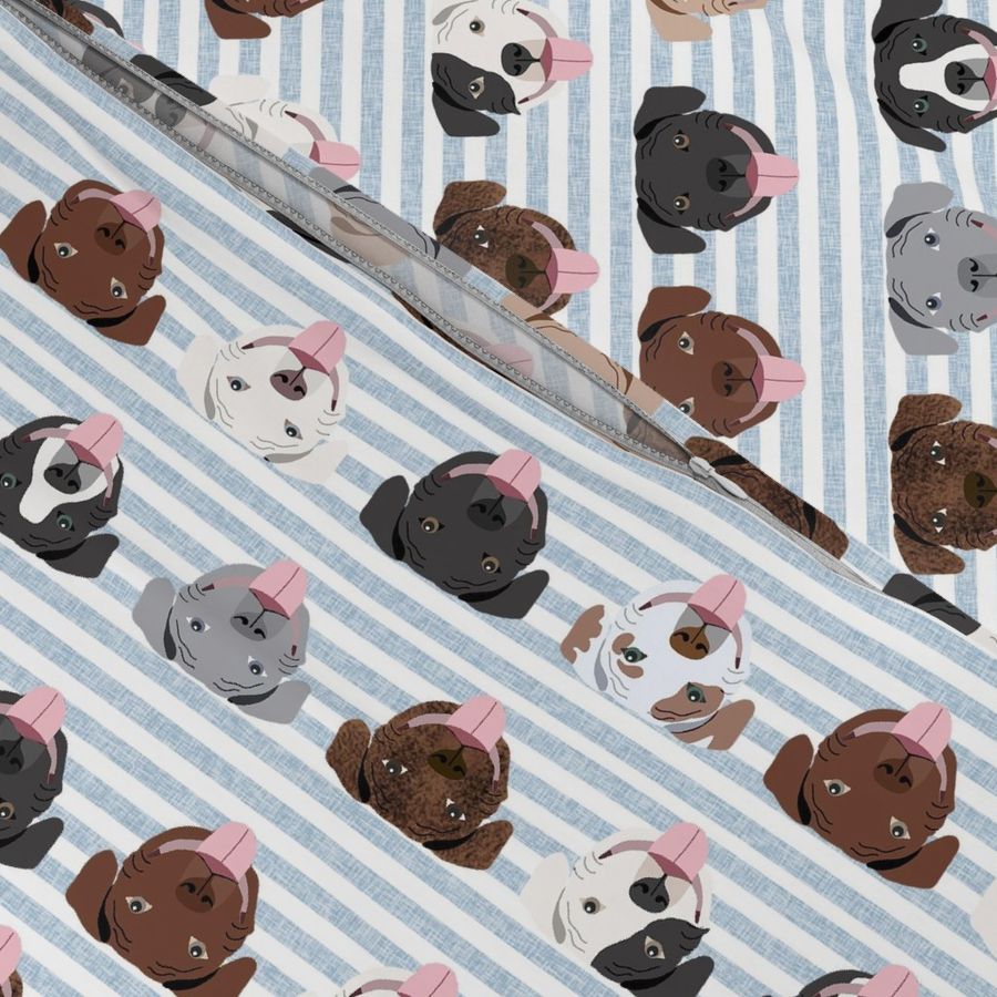 happy pitbull fabric - cute pitbulls design , dog fabric - blue stripe