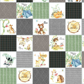 3 1/2" Woodland Adventures Patchwork Quilt Top (putty, grays, green) Kids Woodland Blanket Fabric, design B