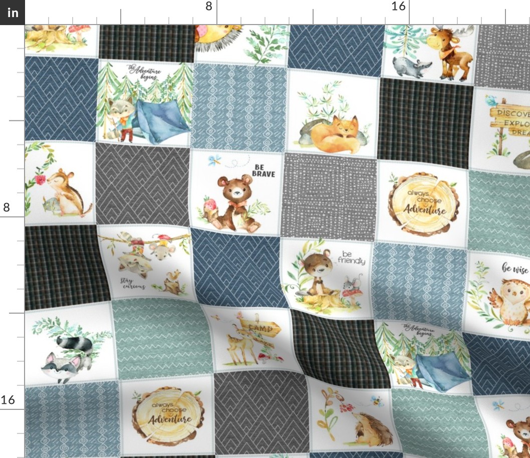 3 1/2" Woodland Adventures Patchwork Quilt Top (blueberry, grays, stonewash, mint) Kids Woodland Blanket Fabric, design C
