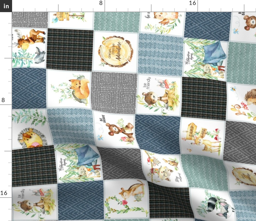3 1/2" Woodland Adventures Patchwork Quilt Top (blueberry, grays, stonewash, mint) Kids Woodland Blanket Fabric, ROTATED design C