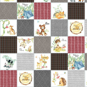 3 1/2" Woodland Adventures Patchwork Quilt Top (red, grays, putty brown) Kids Woodland Blanket Fabric, design E
