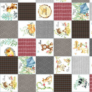 3 1/2" Woodland Adventures Patchwork Quilt Top (red, grays, putty brown) Kids Woodland Blanket Fabric, ROTATED design E