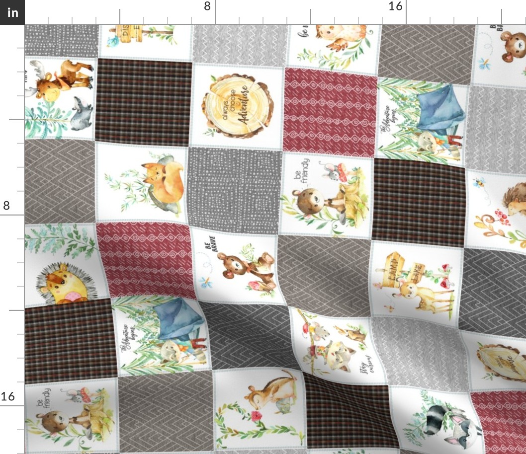 3 1/2" Woodland Adventures Patchwork Quilt Top (red, grays, putty brown) Kids Woodland Blanket Fabric, ROTATED design E