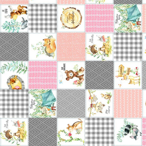 3 1/2" Woodland Adventures Patchwork Quilt Top (pink, peach, grays) Kids Woodland Blanket Fabric, Deer Fox Hedgehog Moose, ROTATED design F