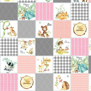 3 1/2" Woodland Adventures Patchwork Quilt Top (pink, peach, grays) Kids Woodland Blanket Fabric, Deer Fox Hedgehog Moose, design F