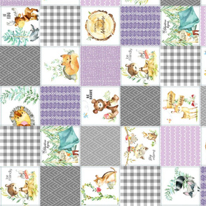 3 1/2" Woodland Adventures Patchwork Quilt Top (wisteria, violet, grays) Kids Woodland Blanket Fabric, Deer Fox Hedgehog Moose, ROTATED design G