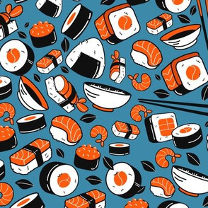 Sushi Japanese Food Asian Pattern on Blue-01