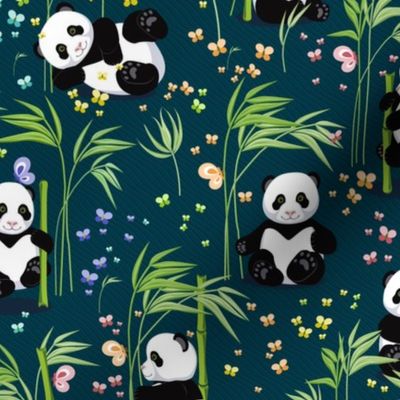 Panda with bamboo, dark green background