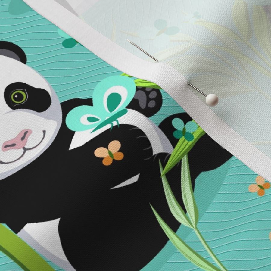 Large size, Cheerful panda with bamboo, bright turquoise background