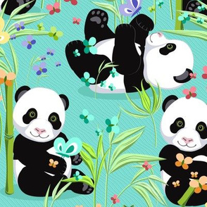 Large size, Cheerful panda with bamboo, bright turquoise background