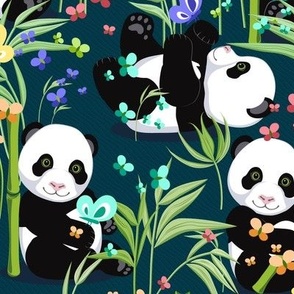 Large size, Cheerful panda with bamboo, dark green background