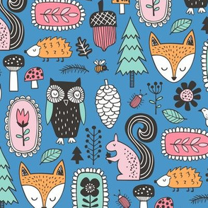 Fall Woodland Forest Doodle with Fox, Owl, Squirrel, Hedgehog,Trees, Mushrooms and Flowers on Dark Blue