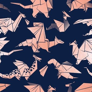 Small scale // Origami metallic dragon friends // oxford navy blue background metal rose fantasy animals