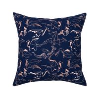 Small scale // Origami metallic dragon friends // oxford navy blue background metal rose lined fantasy animals