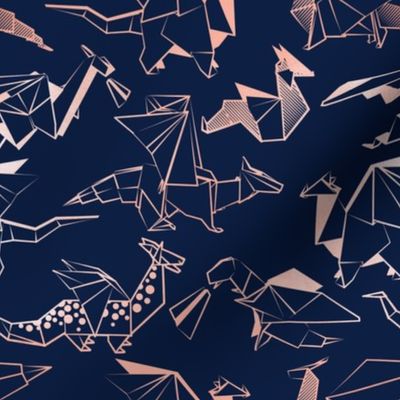 Small scale // Origami metallic dragon friends // oxford navy blue background metal rose lined fantasy animals