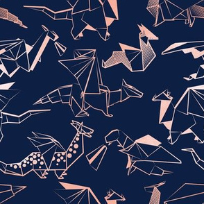 Small scale // Origami metallic dragon friends // oxford navy blue background metal rose lined fantasy animals