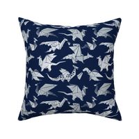 Small scale // Origami metallic dragon friends // oxford navy blue background metal silver fantasy animals