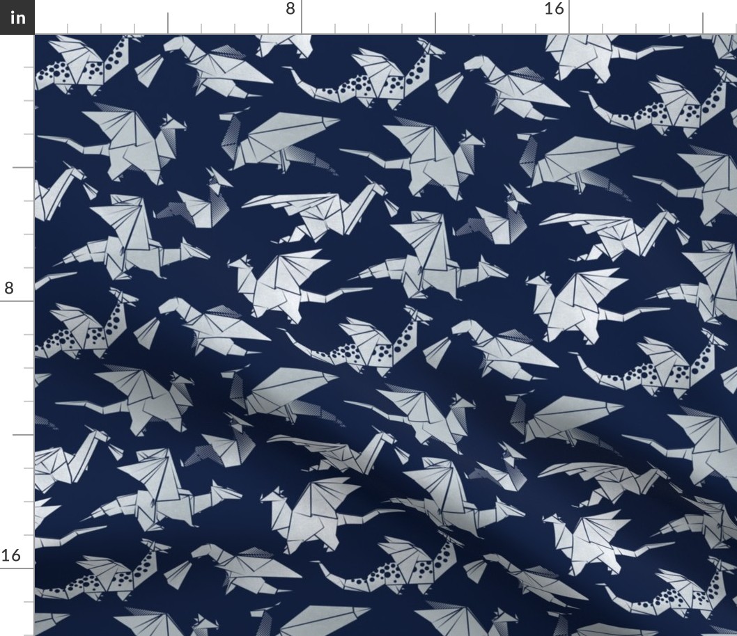 Small scale // Origami metallic dragon friends // oxford navy blue background metal silver fantasy animals