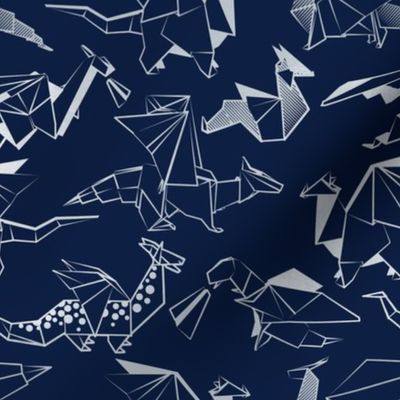 Small scale // Origami metallic dragon friends // oxford navy blue background metal silver lined fantasy animals