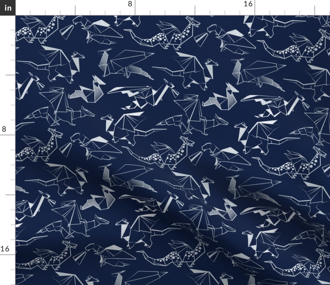 Small scale // Origami metallic dragon friends // oxford navy blue background metal silver lined fantasy animals