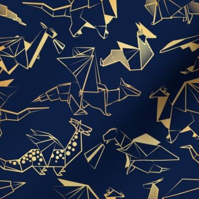 Small scale // Origami metallic dragon friends // oxford navy blue background golden lined fantasy animals