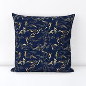 Small scale // Origami metallic dragon friends // oxford navy blue background golden lined fantasy animals